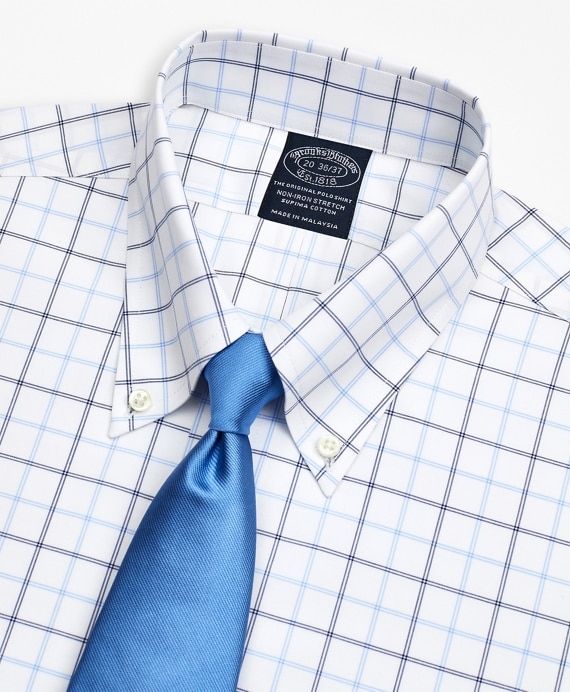 Stretch Big & Tall Dress Shirt, Non-Iron Poplin Button-Down Collar Double-Grid Check