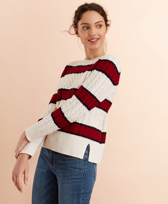 Striped Wool-Cotton Cable-Knit Sweater