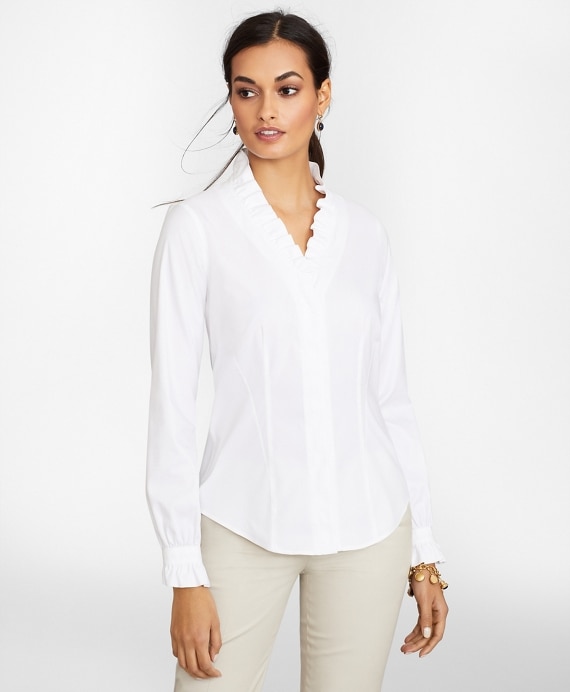 Petite Non-Iron Stretch Supima® Cotton Ruffle Pinpoint Oxford Dress Shirt