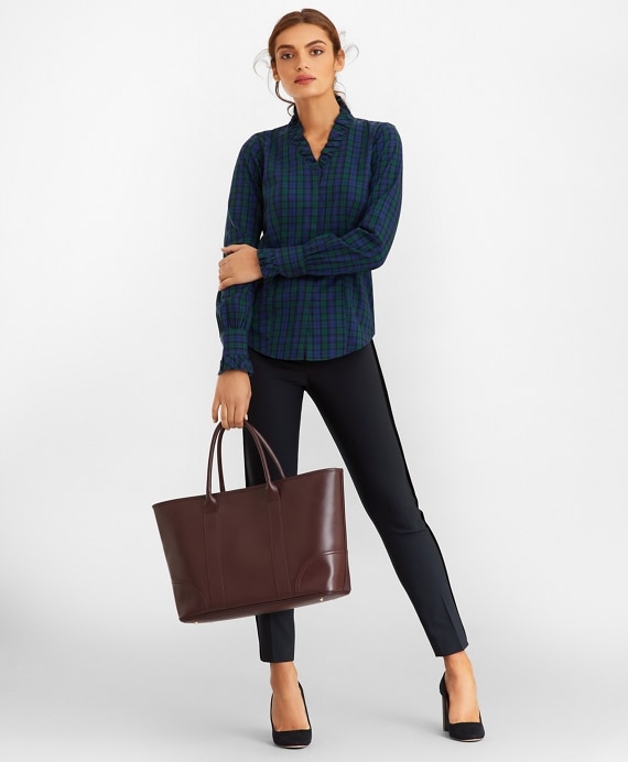 Petite Non-Iron Black Watch Tartan Supima® Cotton-Blend Ruffle-Collar Blouse