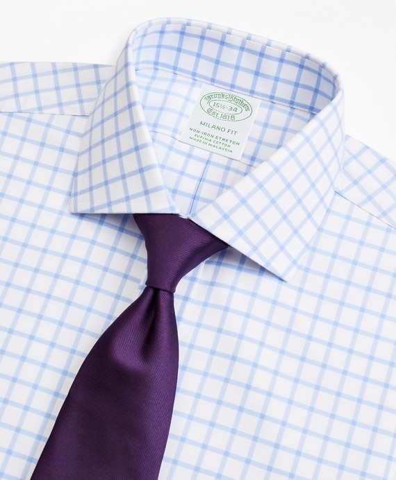 Stretch Milano Slim-Fit Dress Shirt, Non-Iron Twill English Collar Grid Check