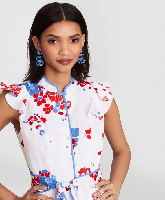 Petite Floral-Print Supima® Cotton Sateen Flutter-Sleeve Shirt Dress