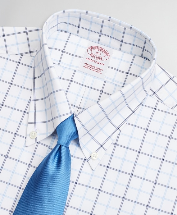Stretch Madison Classic-Fit Dress Shirt, Non-Iron Twill Short-Sleeve Double-Grid Checkk