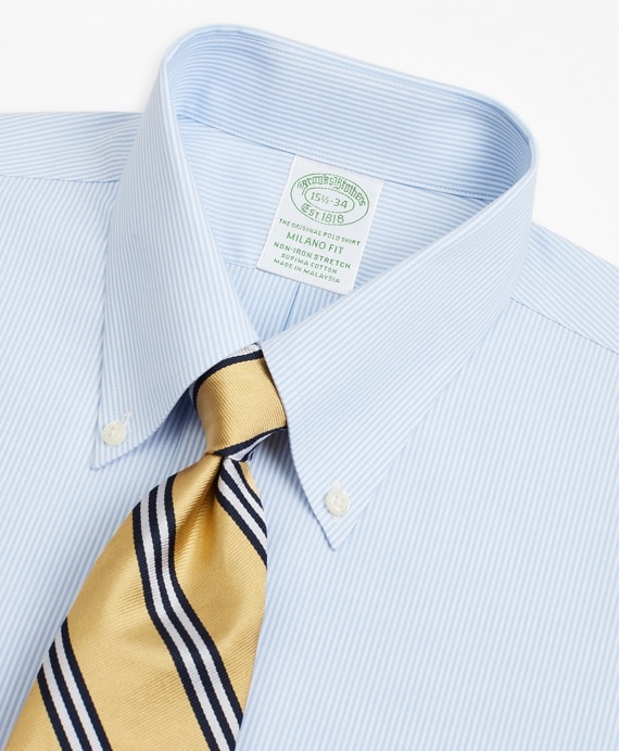 Stretch Milano Slim-Fit Dress Shirt, Non-Iron Poplin Button-Down Collar Fine Stripe