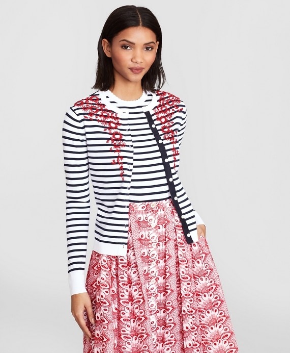 Floral-Beaded Striped Cardigan