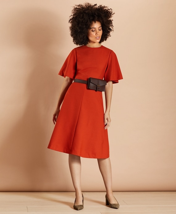 Wool-Blend Twill Bell-Sleeve Midi Dress