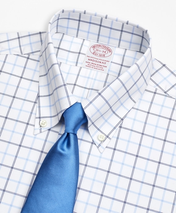Stretch Madison Classic-Fit Dress Shirt, Non-Iron Poplin Button-Down Collar Double-Grid Check