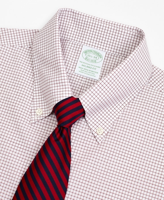 Stretch Milano Slim-Fit Dress Shirt, Non-Iron Poplin Button-Down Collar Small Grid Check