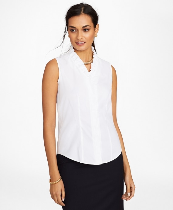 Petite Non-Iron Stretch Supima® Cotton Sleeveless Ruffled Blouse