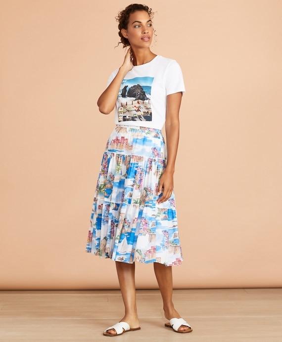 Costal-Print Cotton Midi Skirt