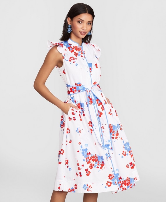 Petite Floral-Print Supima® Cotton Sateen Flutter-Sleeve Shirt Dress