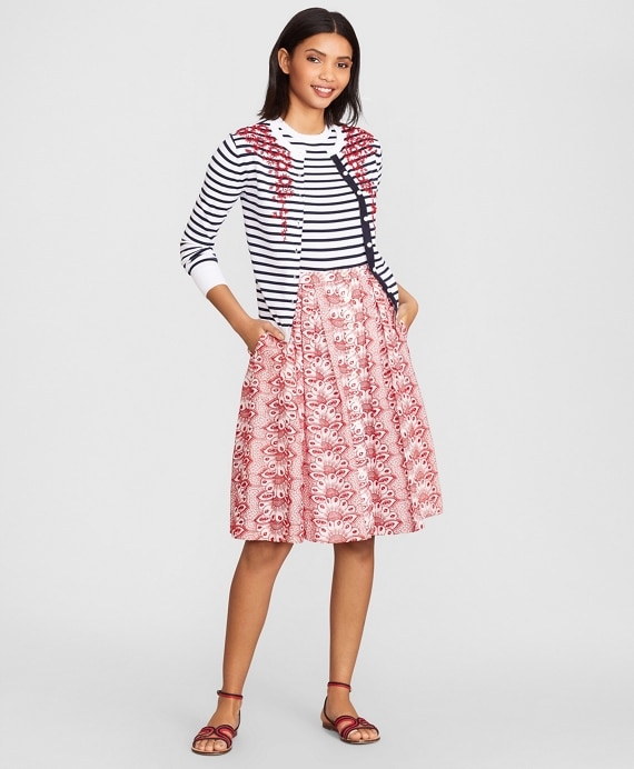 Floral-Beaded Striped Cardigan