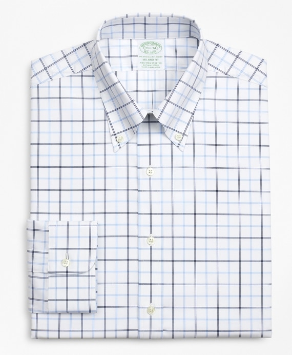 Stretch Milano Slim-Fit Dress Shirt, Non-Iron Poplin Button-Down Collar Double-Grid Check