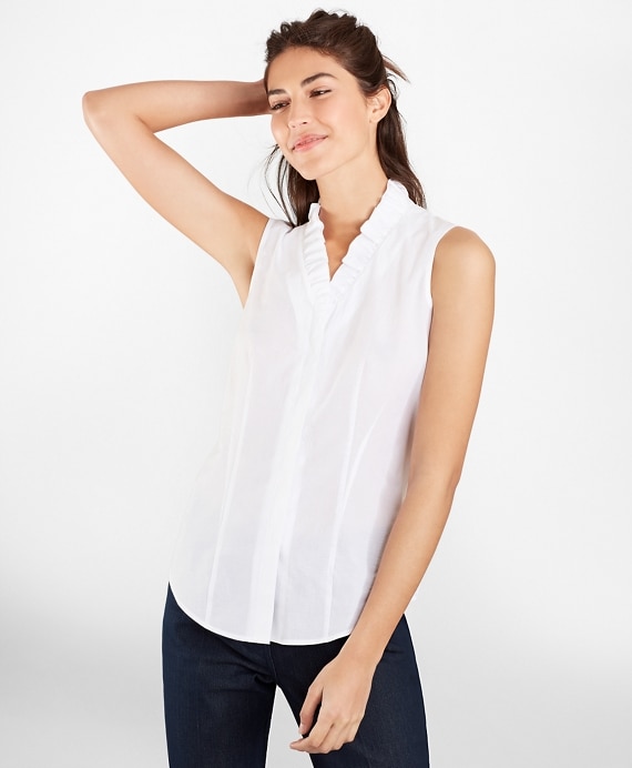Petite Non-Iron Supima® Cotton Dobby Ruffle-Collar Sleeveless Blouse