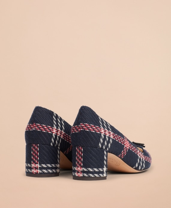 Plaid Point-Toe Block-Heel Pumps