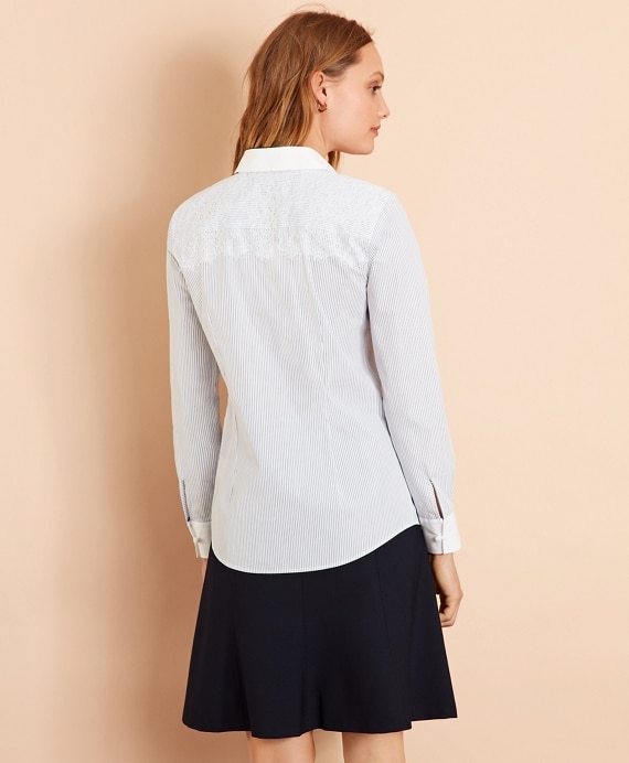 Lace-Yoke Striped Cotton Poplin Shirt