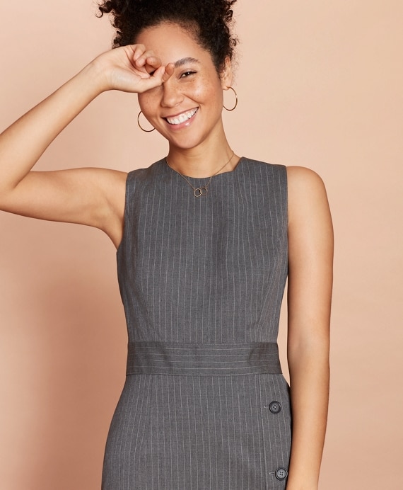 Pinstripe Stretch-Wool Button-Slit Sheath Dress