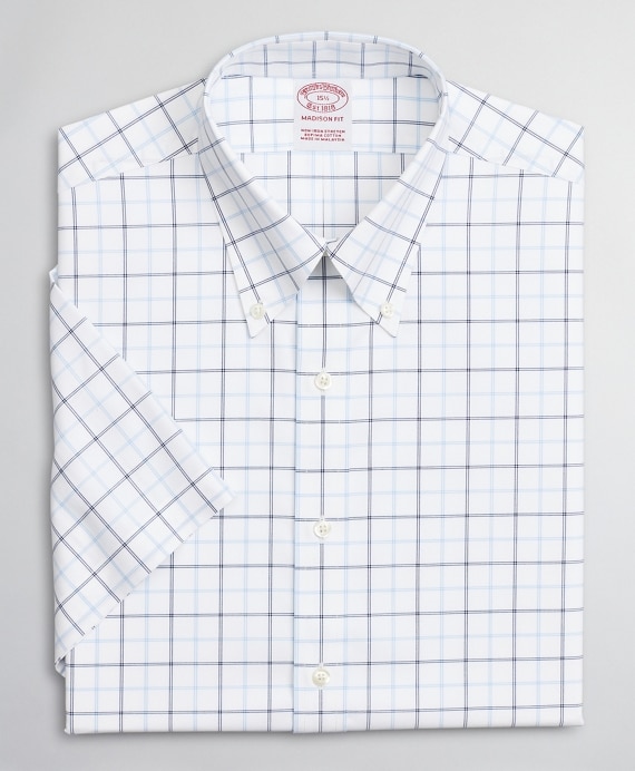 Stretch Madison Classic-Fit Dress Shirt, Non-Iron Twill Short-Sleeve Double-Grid Checkk