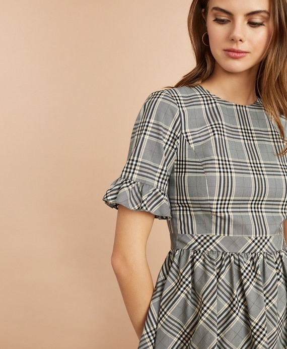 Tartan Ruffled Elbow-Sleeve Dress