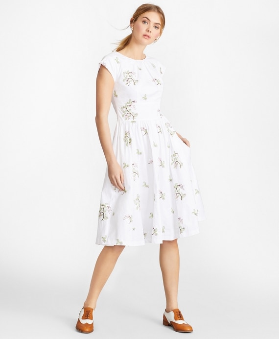 Petite Floral-Embroidered Plaid Jacquard Cotton Dress