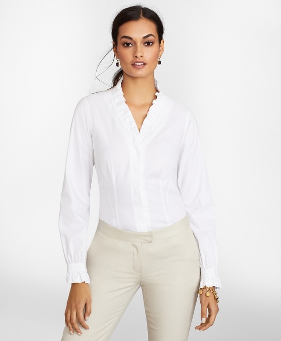 Petite Non-Iron Stretch Supima® Cotton Ruffle Pinpoint Oxford Dress Shirt