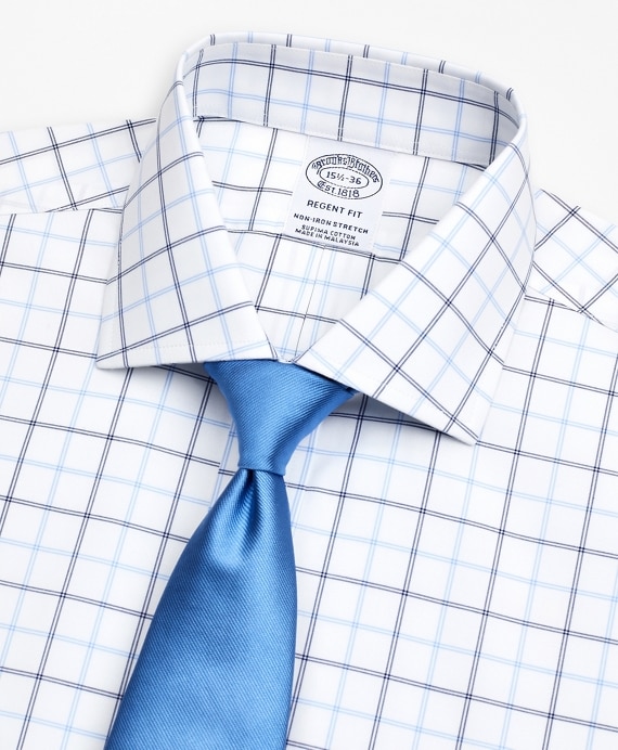 Stretch Regent Fitted Dress Shirt, Non-Iron Poplin English Collar Double-Grid Check