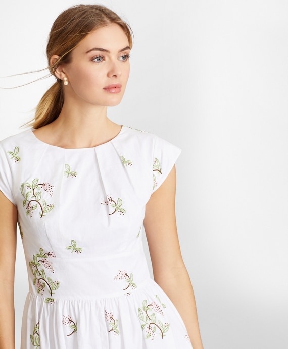 Petite Floral-Embroidered Plaid Jacquard Cotton Dress