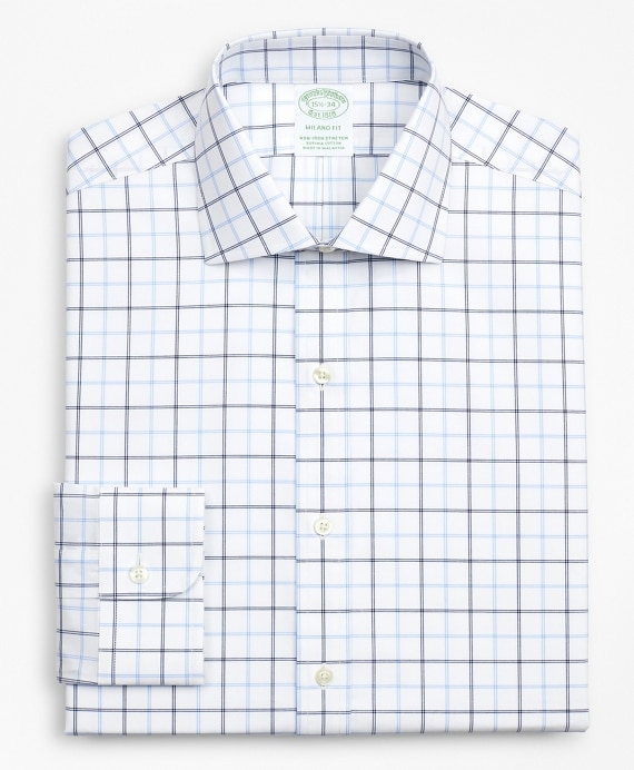 Stretch Milano Slim-Fit Dress Shirt, Non-Iron Poplin English Collar Double-Grid Check