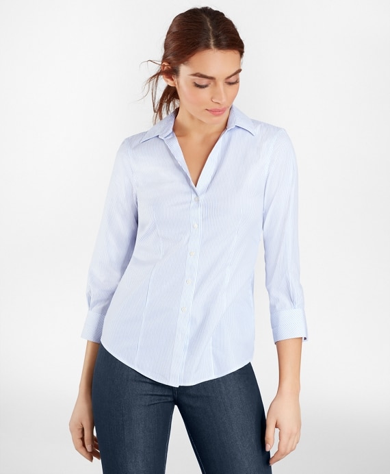 Non-Iron Tailored-Fit Striped Three-Quarter-Sleeve Supima® Cotton Stretch Shirt