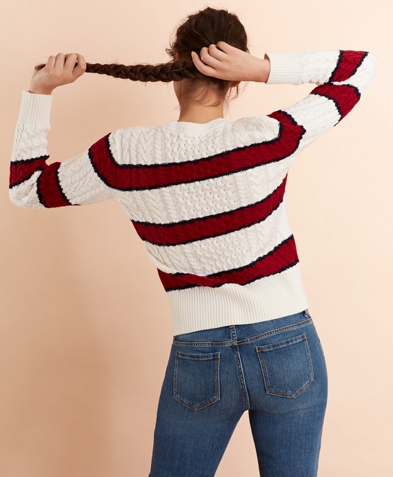 Striped Wool-Cotton Cable-Knit Sweater