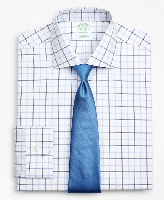 Stretch Milano Slim-Fit Dress Shirt, Non-Iron Poplin English Collar Double-Grid Check