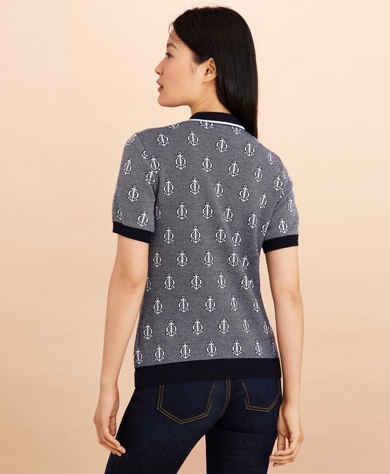 Anchor-Pattern Bird's-Eye-Knit Cotton Polo Sweater