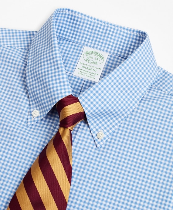 Stretch Milano Slim-Fit Dress Shirt, Non-Iron Poplin Button-Down Collar Gingham
