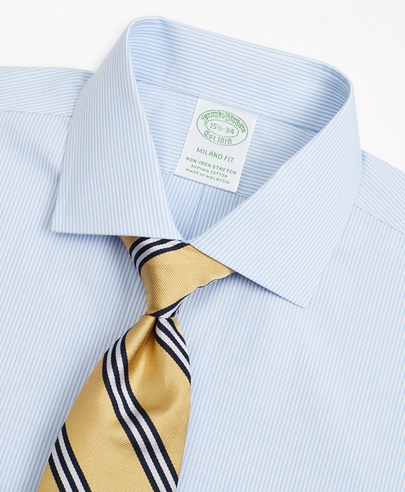 Stretch Milano Slim-Fit Dress Shirt, Non-Iron Poplin English Collar Fine Stripe