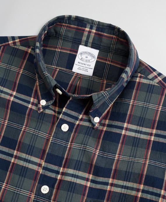 Regent Fitted Sport Shirt, Olive Madras Short-Sleeve