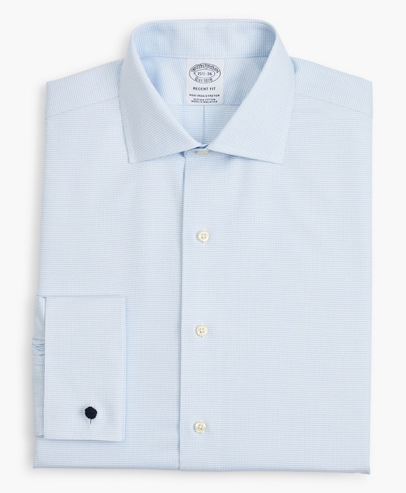 Stretch Regent Fitted Dress Shirt, Non-Iron Twill English Collar French Cuff Micro-Check
