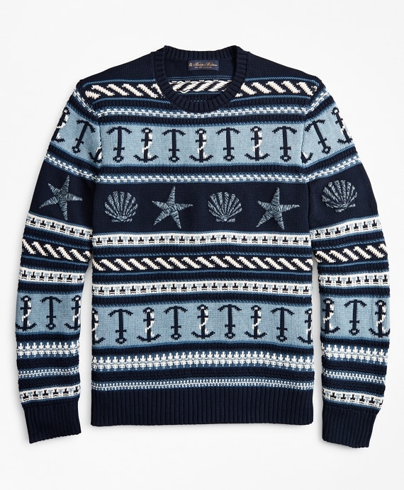 Supima® Cotton Nautical Motif Fair Isle Crewneck Sweater