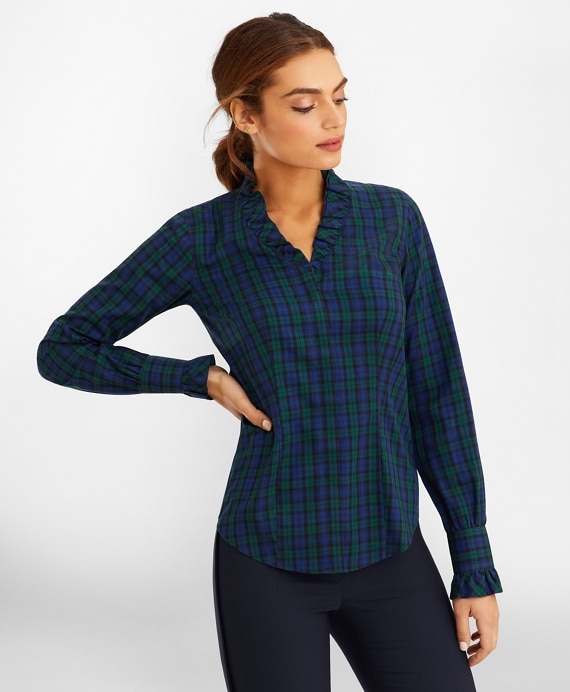 Petite Non-Iron Black Watch Tartan Supima® Cotton-Blend Ruffle-Collar Blouse