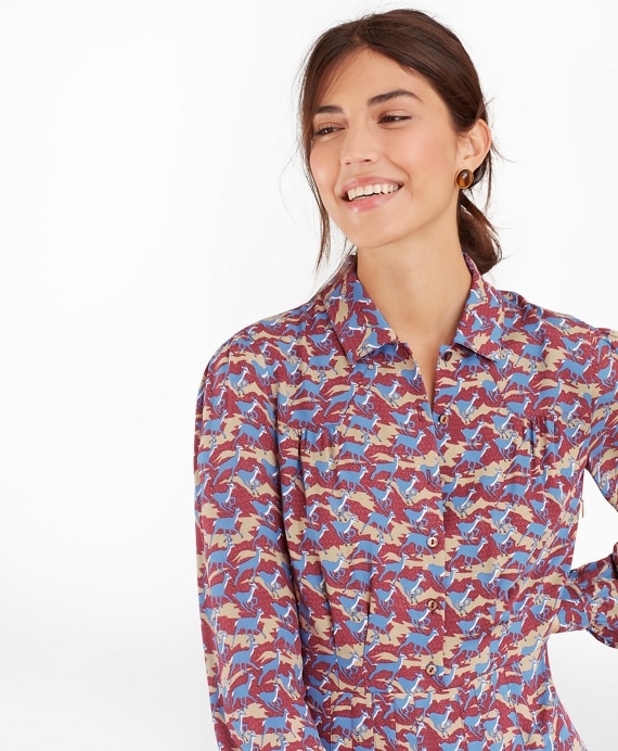 Deer-Print Silk Chiffon Shirt Dress