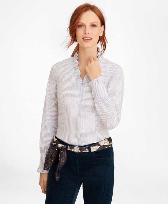 Non-Iron Striped Supima® Cotton Ruffle-Collar Blouse