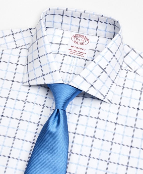 Stretch Madison Classic-Fit Dress Shirt, Non-Iron Poplin English Collar Double-Grid Check