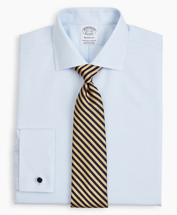 Stretch Regent Fitted Dress Shirt, Non-Iron Twill English Collar French Cuff Micro-Check