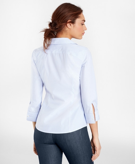 Non-Iron Tailored-Fit Striped Three-Quarter-Sleeve Supima® Cotton Stretch Shirt
