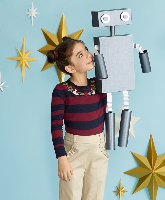 Girls Cotton Rugby Stripe Embroidered Sweater