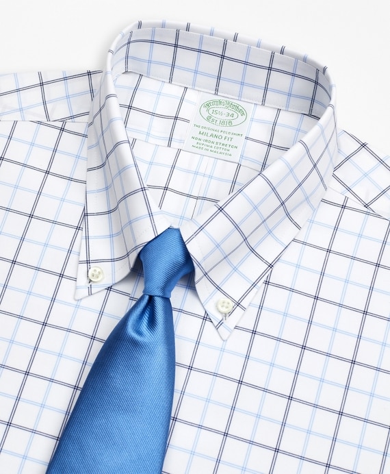 Stretch Milano Slim-Fit Dress Shirt, Non-Iron Poplin Button-Down Collar Double-Grid Check