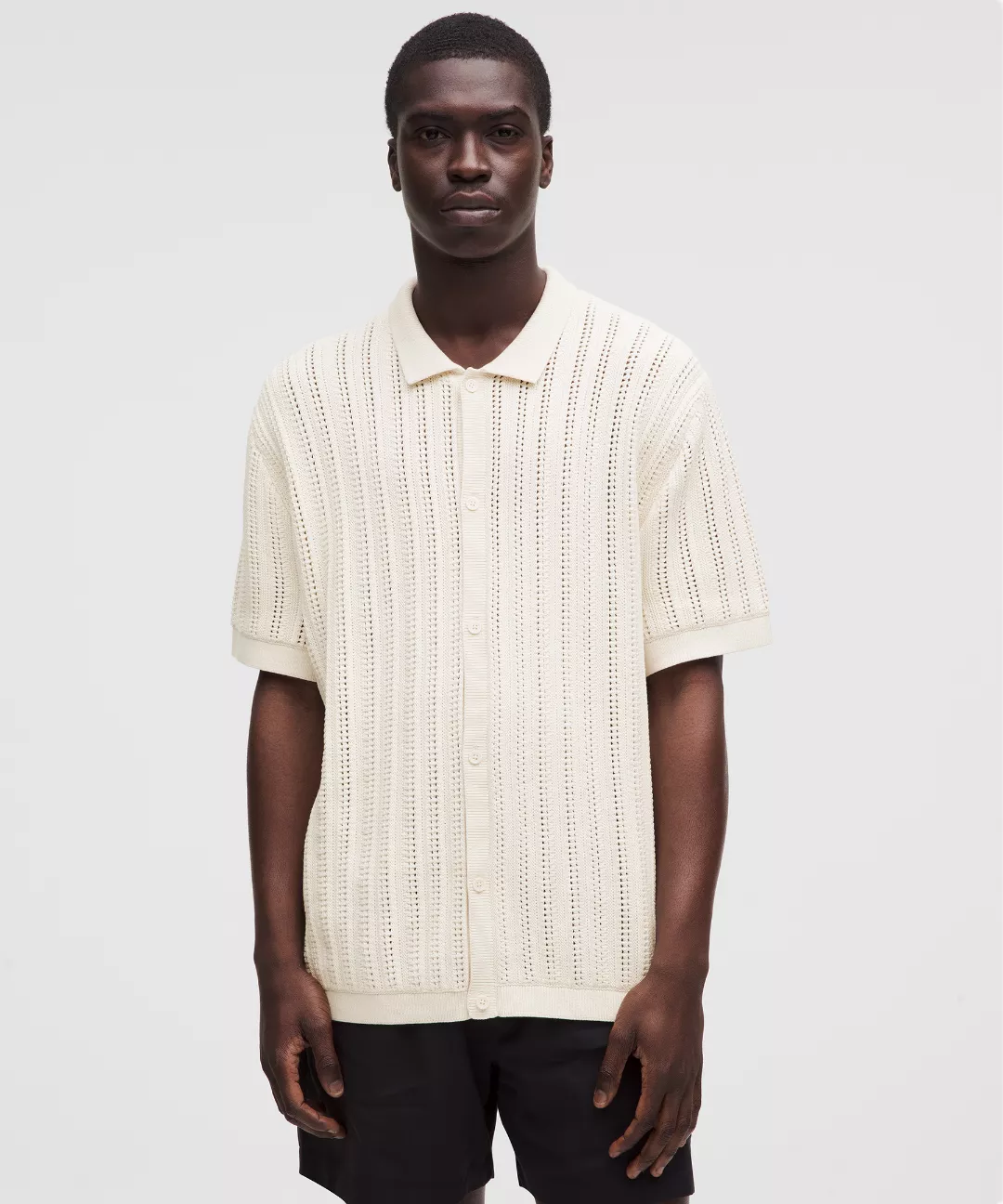 Cotton-Blend Open-Knit Button Up