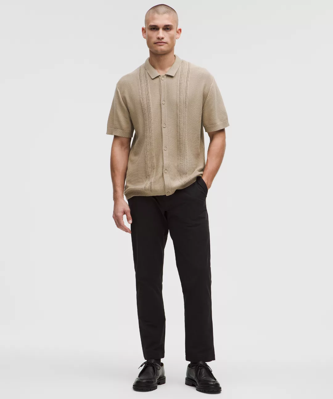 Cotton-Blend Knit Button Up Short-Sleeve Shirt
