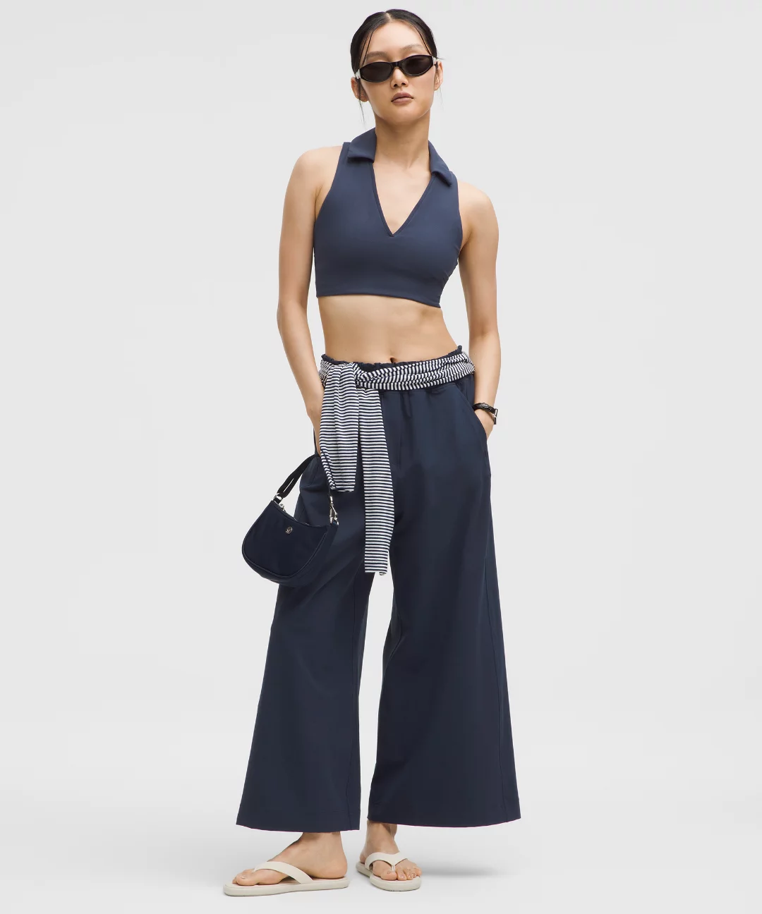 Stretch Woven Ruffle-Waist Wide-Leg Cropped Pant