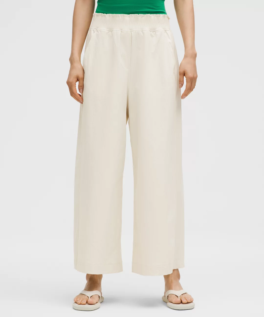 Stretch Woven Ruffle-Waist Wide-Leg Cropped Pant