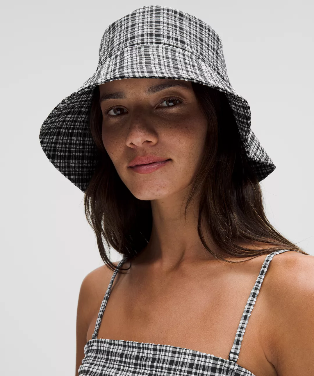 Women's Seersucker Check Wide-Brim Hat
